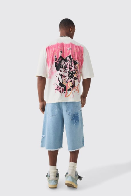 Regular Rigid Star Applique Denim Jorts In Ice Blue - Image 2