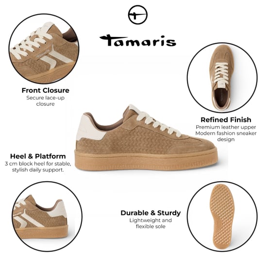 Tamaris Women's Taupe Leather White Stripes Trainers Sneaker Shoes - Image 2
