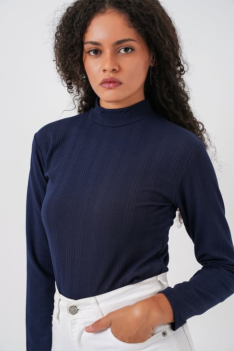 Ribbed Half Turtleneck Long Sleeve Bodysuit - Image 1
