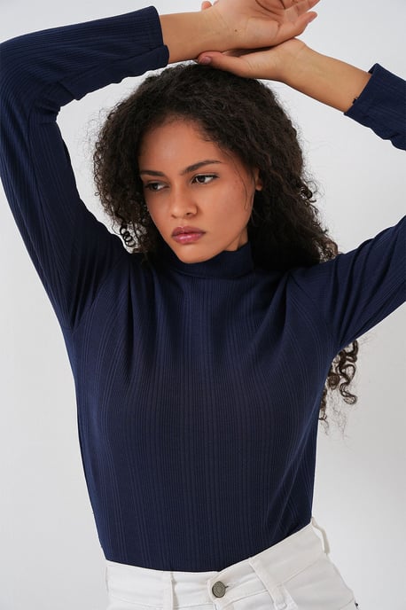 Ribbed Half Turtleneck Long Sleeve Bodysuit - Image 2