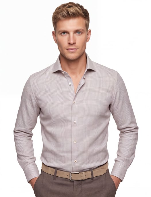 Overhemd R2 Amsterdam Modern Fit beige geruiten patroon - Image 1