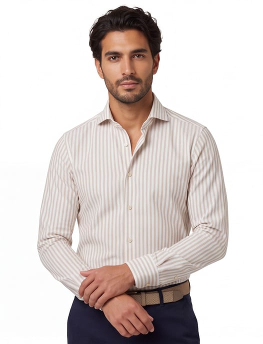 Profuomo overhemd gestreept beige strijkvrij - Image 1