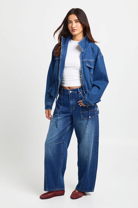 Funnel Neck Denim Jacket With Cinch Waist Detail - Image 3