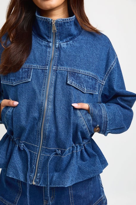 Funnel Neck Denim Jacket With Cinch Waist Detail - Image 4