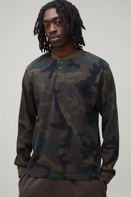 Regular Fit Waffle Henley Camo Long Sleeve T-Shirt - Image 1