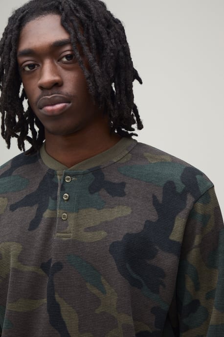 Regular Fit Waffle Henley Camo Long Sleeve T-Shirt - Image 3