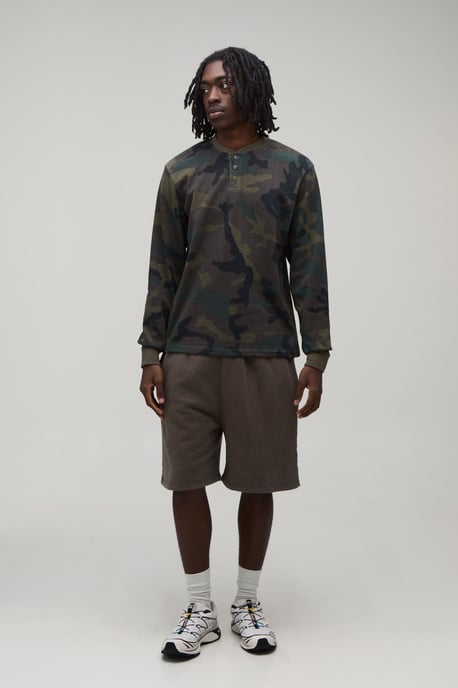 Regular Fit Waffle Henley Camo Long Sleeve T-Shirt - Image 4