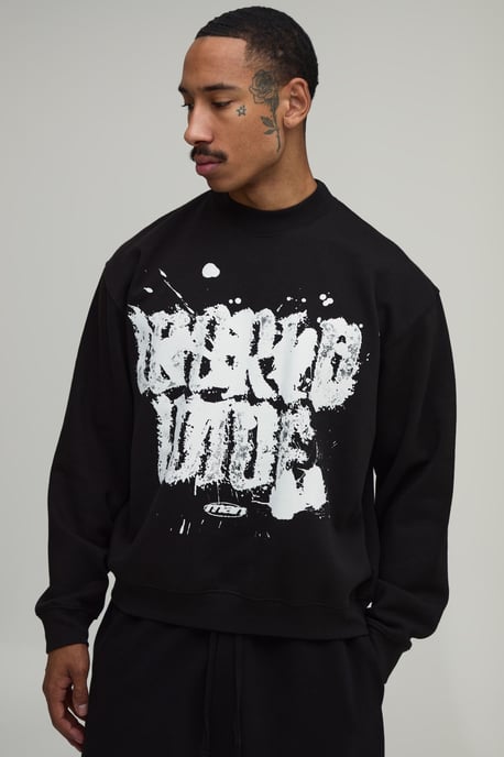 Black Oversized Boxy Worldwide Graffiti Print Sweatshirt - Image 1