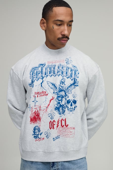 Ash Grey Oversized Boxy Renaissance Doodle Print Sweatshirt - Image 1