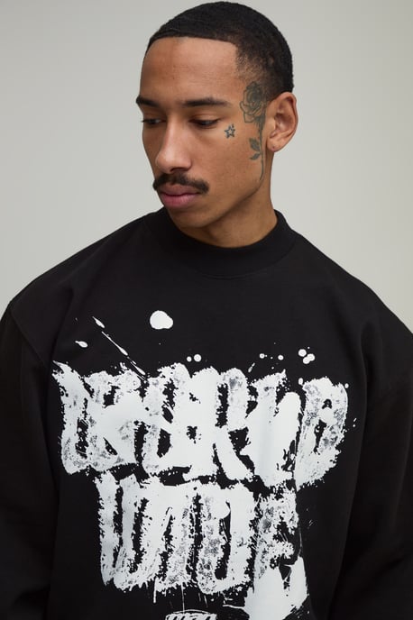 Black Oversized Boxy Worldwide Graffiti Print Sweatshirt - Image 2