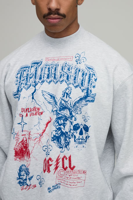 Ash Grey Oversized Boxy Renaissance Doodle Print Sweatshirt - Image 2
