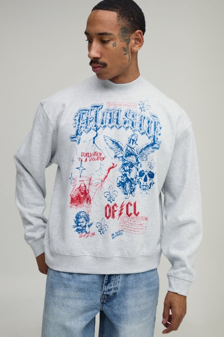 Ash Grey Oversized Boxy Renaissance Doodle Print Sweatshirt - Image 4