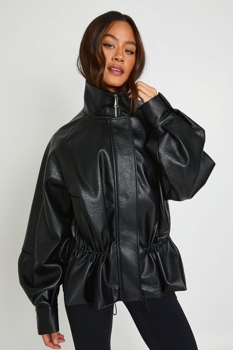 Tall Pebbled Faux Leather Cinched Waist Funnel Neck Jacket - Image 1