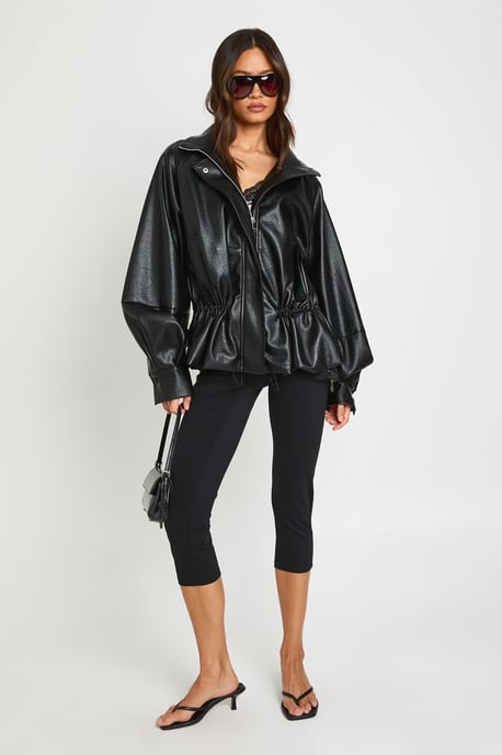 Tall Pebbled Faux Leather Cinched Waist Funnel Neck Jacket - Image 2