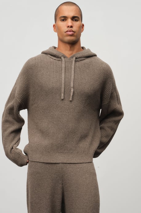 Relaxed Boxy Wool Blend Ribbed Knitted Hoodie - Image 1