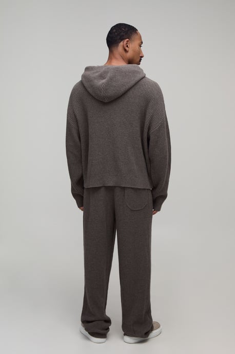 Relaxed Boxy Wool Blend Ribbed Knitted Hoodie - Image 2