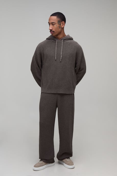 Relaxed Boxy Wool Blend Ribbed Knitted Hoodie - Image 4