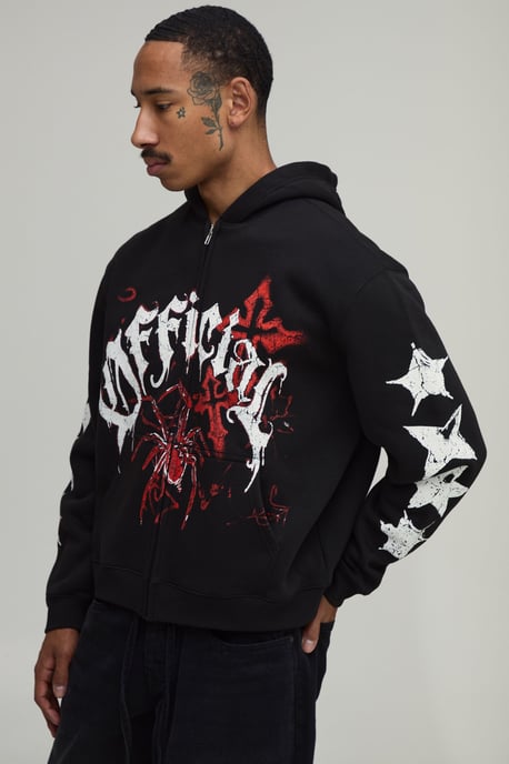 Black Oversized Boxy Spider Doodle Print Zip Through Hoodie - Image 1