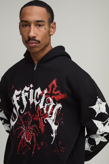 Black Oversized Boxy Spider Doodle Print Zip Through Hoodie - Image 2