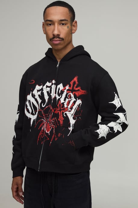 Black Oversized Boxy Spider Doodle Print Zip Through Hoodie - Image 4