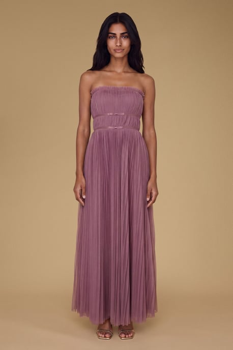 Petite Mini Bow Bandeau Mesh Bridesmaid Maxi Dress - Image 1