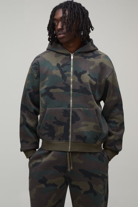 Oversized Boxy Zip Through Camo Hoodie - Image 1