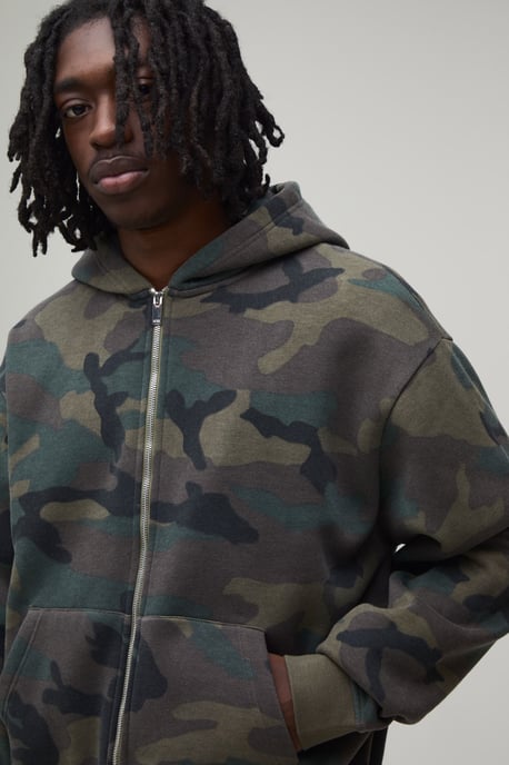 Oversized Boxy Zip Through Camo Hoodie - Image 3