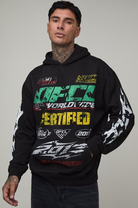 Tall Black Oversized Moto Print Hoodie - Image 1