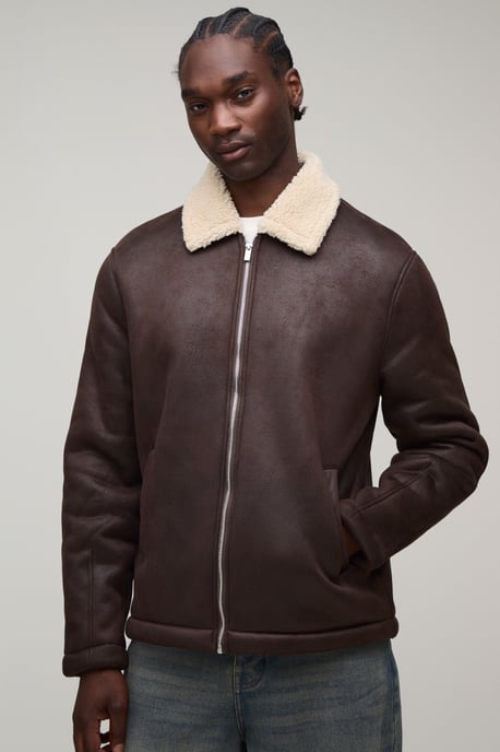 Tall Faux Suede Aviator Jacket In Brown - Image 1