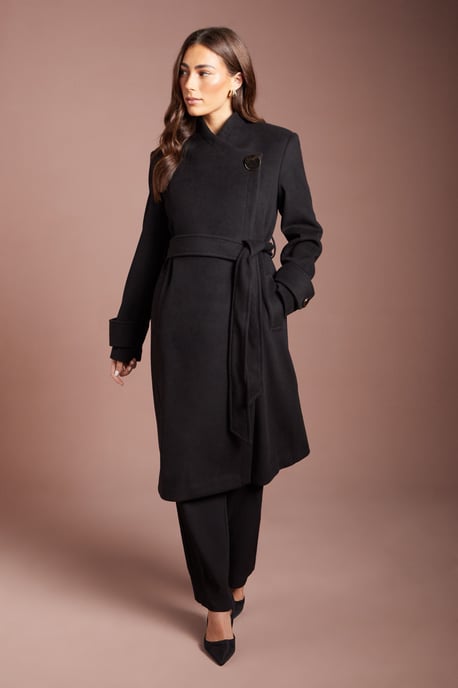 Asymmetric Wrap Wool Look Midi Coat - Image 1