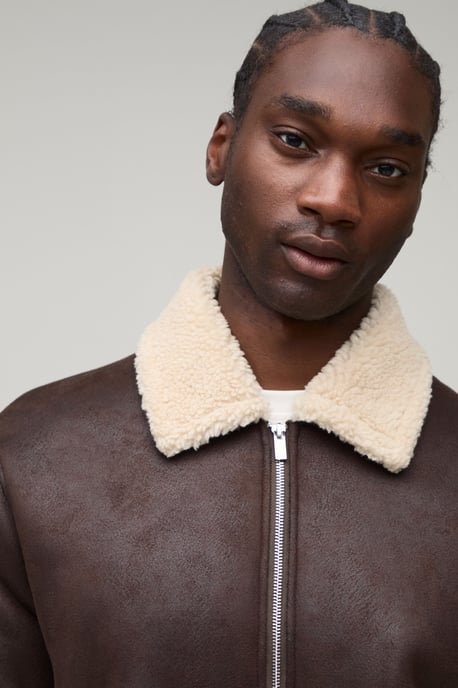 Tall Faux Suede Aviator Jacket In Brown - Image 3