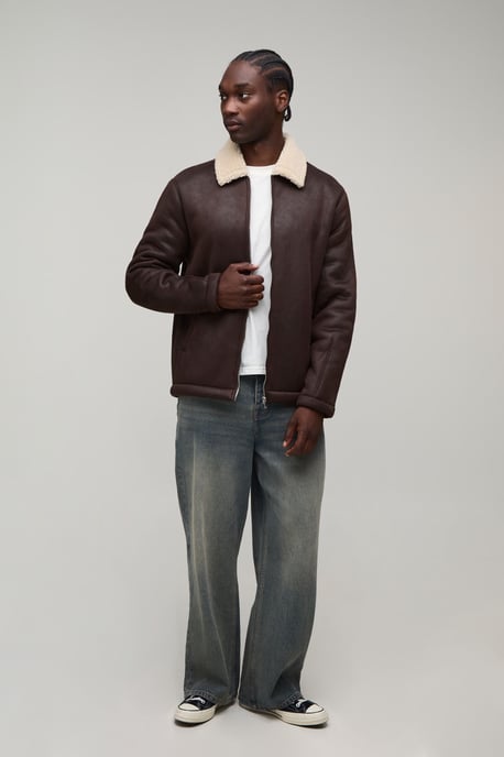 Tall Faux Suede Aviator Jacket In Brown - Image 4