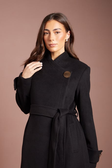 Asymmetric Wrap Wool Look Midi Coat - Image 4