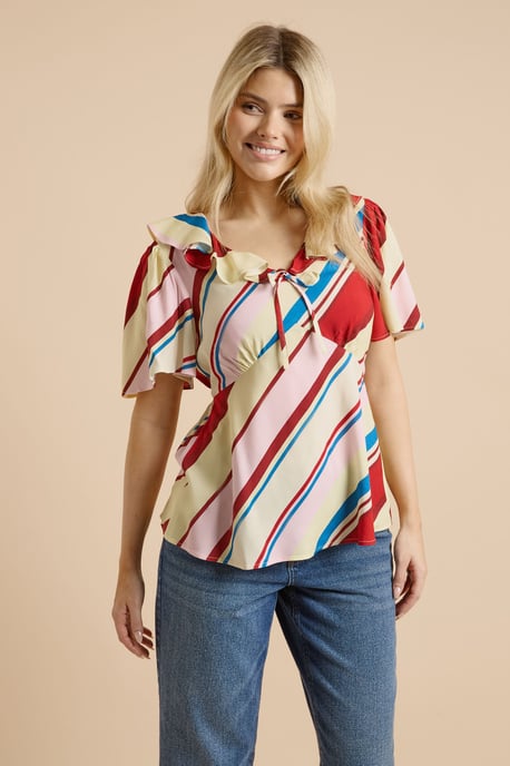 Stripe Frill Neckline Angel Sleeve Blouse - Image 1
