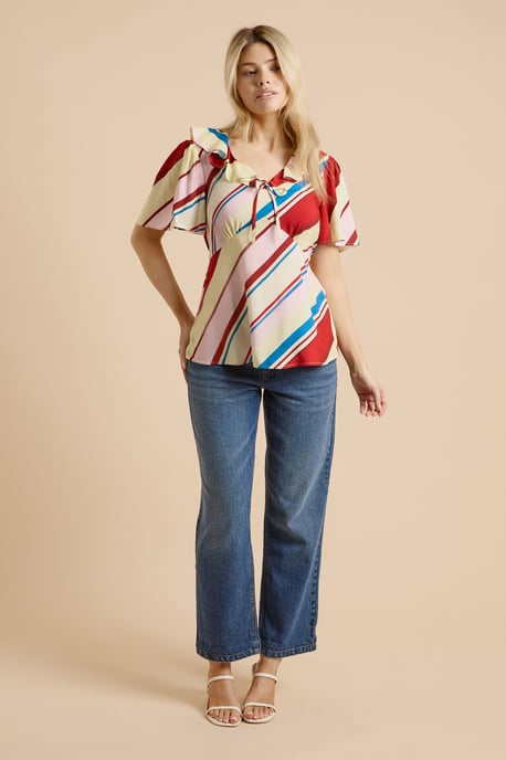 Stripe Frill Neckline Angel Sleeve Blouse - Image 2