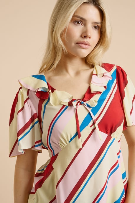 Stripe Frill Neckline Angel Sleeve Blouse - Image 4
