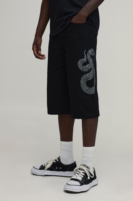 Relaxed Fit Longline Rhinestone Snake Short - Image 1