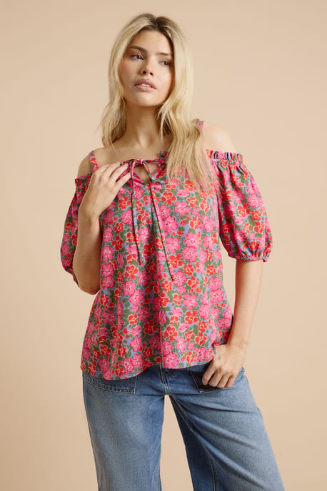 Pink Floral Tie Front Cold Shoulder Long Sleeve Top - Image 1