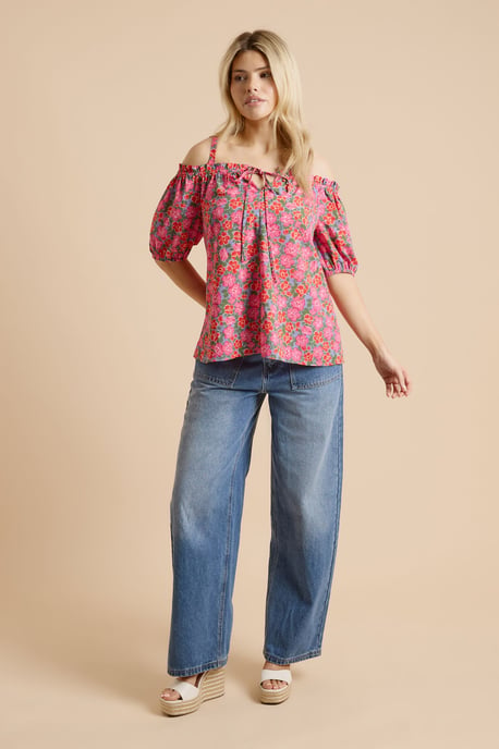 Pink Floral Tie Front Cold Shoulder Long Sleeve Top - Image 2