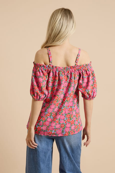 Pink Floral Tie Front Cold Shoulder Long Sleeve Top - Image 3