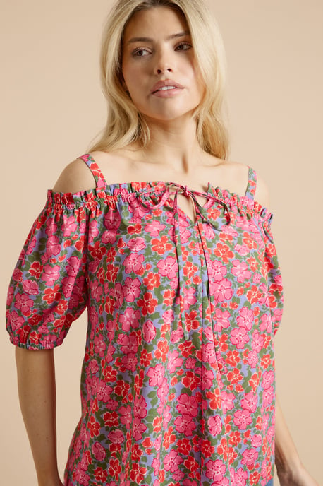 Pink Floral Tie Front Cold Shoulder Long Sleeve Top - Image 4
