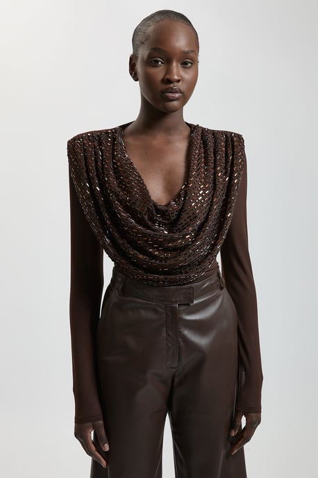Premium Crystal Embellished Jersey Cowl Detail Top - Image 1