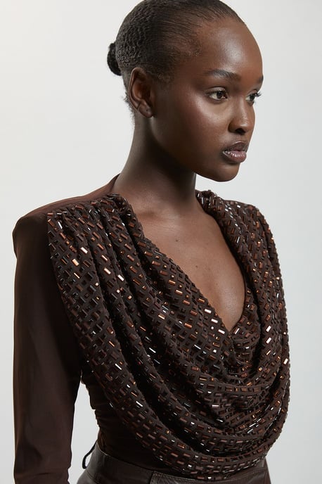 Premium Crystal Embellished Jersey Cowl Detail Top - Image 2