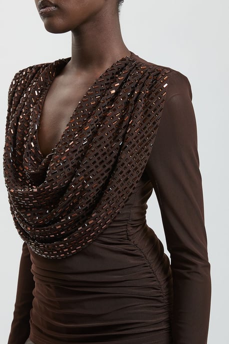 Premium Crystal Embellished Jersey Cowl Detail Top - Image 4