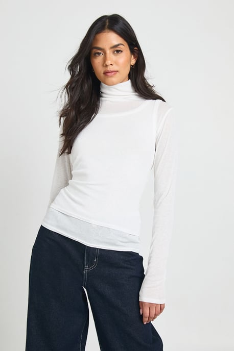Sheer Textured 2 in 1 Roll Neck Top - Image 1