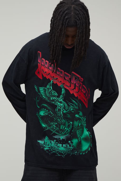 Oversized Long Sleeve Judas Priest Acid Wash License Print T-shirt - Image 1