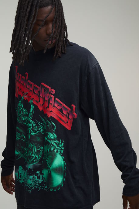 Oversized Long Sleeve Judas Priest Acid Wash License Print T-shirt - Image 3