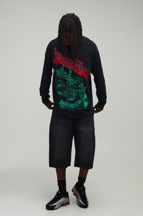 Oversized Long Sleeve Judas Priest Acid Wash License Print T-shirt - Image 4
