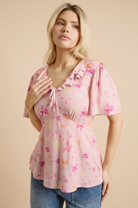 Pink Ditsy Frill Neckline Angel Sleeve Blouse - Image 1
