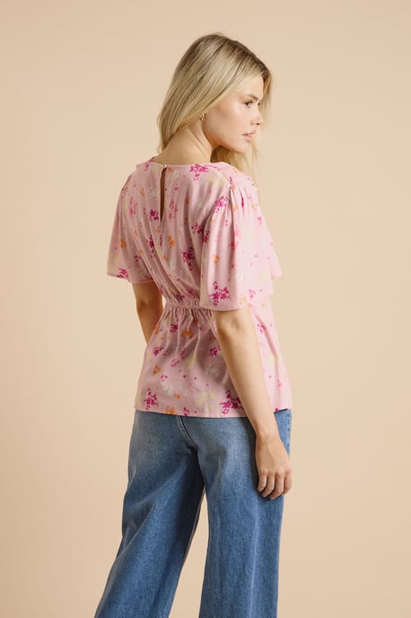 Pink Ditsy Frill Neckline Angel Sleeve Blouse - Image 3